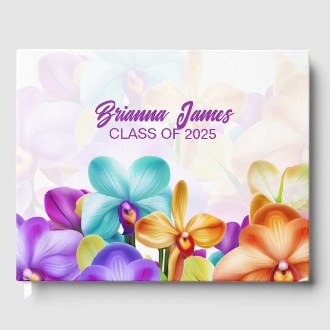 Modern Stylish Colourful Orchids Graduation  Guest Book (Front)