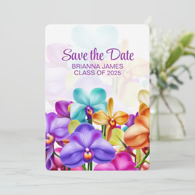 Modern Stylish Colourful Orchids Graduation  Save The Date (Standing Front)