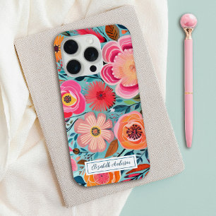 Modern Stylish Colourful Pink Floral Monogram iPhone 15 Pro Case