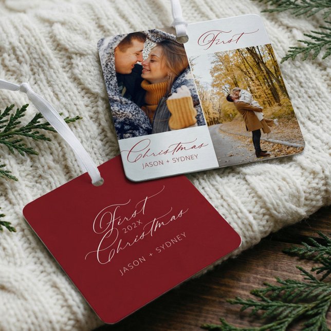 Modern Stylish Couple First Christmas Script Photo Metal Tree Decoration (Couple First Christmas Elegant Script Photo Metal Ornament)