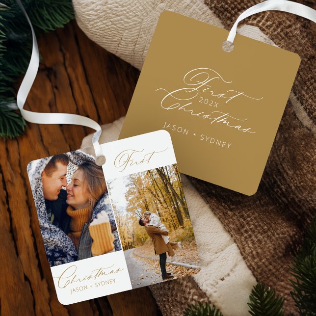 Modern Stylish Couple First Christmas Script Photo Metal Tree Decoration (Modern Stylish Couple First Christmas Script Photo Metal Ornament)