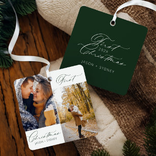 Modern Stylish Couple First Christmas Script Photo Metal Tree Decoration