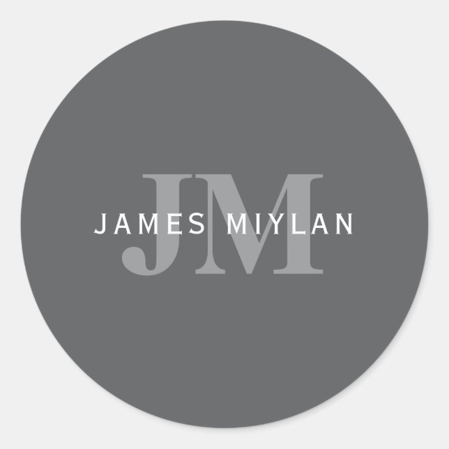 Modern Stylish Dark Grey Monogram & Name Classic Round Sticker (Front)