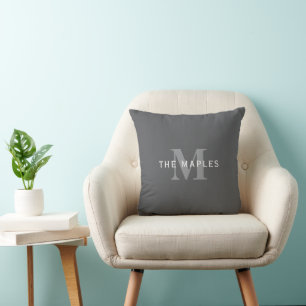 Modern Stylish Dark Grey Monogram & Name Cushion