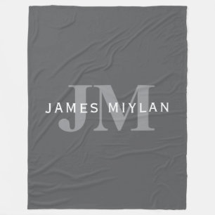 Modern Stylish Dark Grey Monogram & Name Fleece Blanket