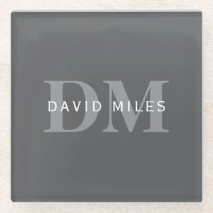 Modern Stylish Dark Grey Monogram & Name Glass Coaster