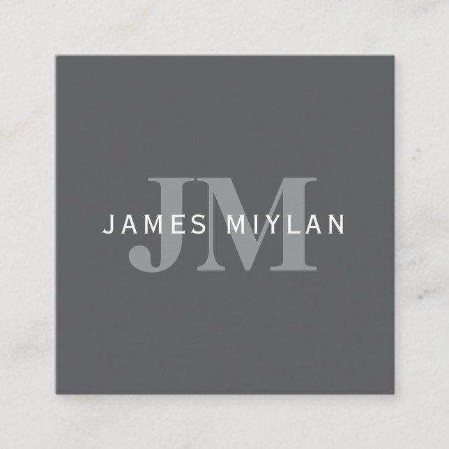 Modern Stylish Dark Grey Monogram & Name Square Business Card (Front)