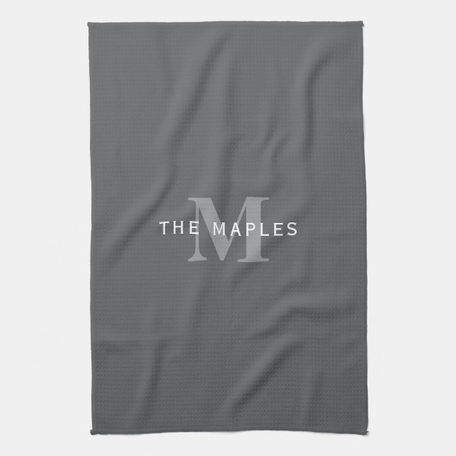 Modern Stylish Dark Grey Monogram & Name Tea Towel (Vertical)