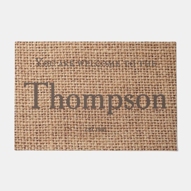Modern stylish elegant design family name burlap doormat (Front)