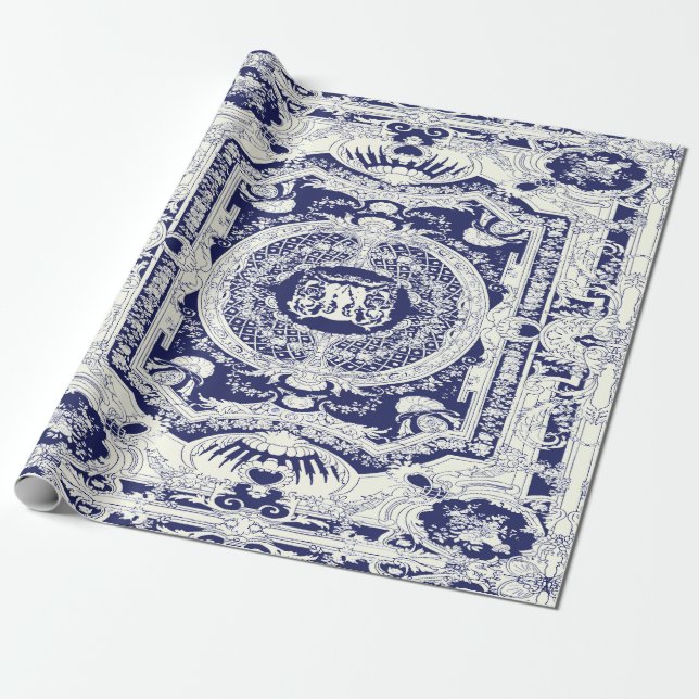 Modern Stylish Elegant Navy Blue Baroque Ornaments Wrapping Paper (Unrolled)