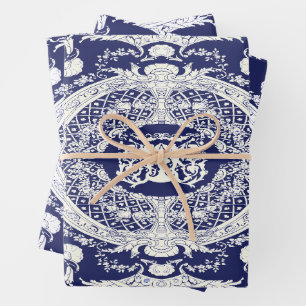 Modern Stylish Elegant Navy Blue Baroque Ornaments Wrapping Paper Sheet