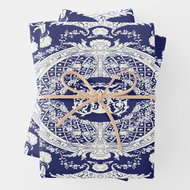 Modern Stylish Elegant Navy Blue Baroque Ornaments Wrapping Paper Sheet (In situ)