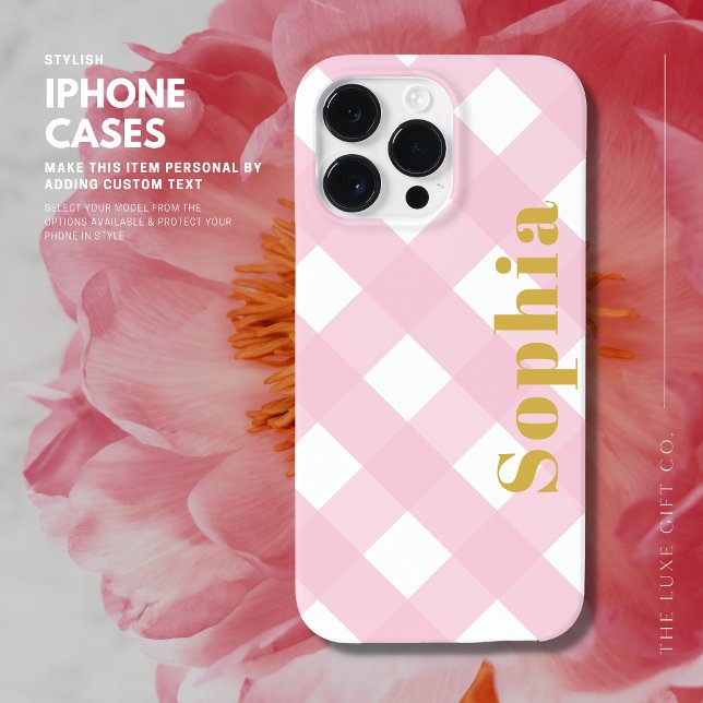 Modern Stylish Elegant Pink and Gold Gingham Plaid Case-Mate iPhone Case (Creator Uploaded)