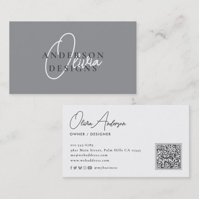 Modern Stylish Elegant Script QR Code Social Media Business Card (Front/Back)