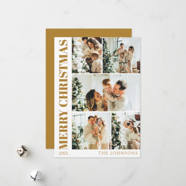 Modern Stylish Family Photo Collage Gold Christmas Holiday Card (Front/Back In Situ)