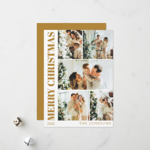 Modern Stylish Family Photo Collage Gold Christmas Holiday Card