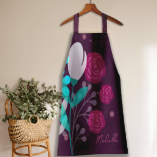 Modern Stylish Floral Script Personalized Apron