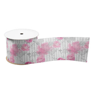 Modern Stylish girly pink glitter floral pattern Satin Ribbon