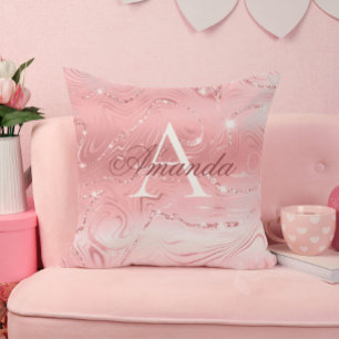 Modern Stylish Girly Pink Glitter Monogram Name Cushion