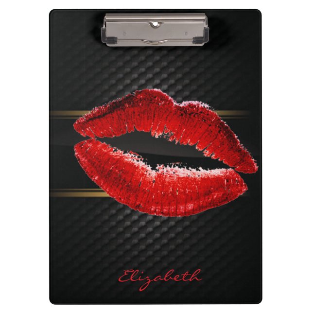 Modern Stylish Glitter Red Lips,Black-Personalised Clipboard (Front)