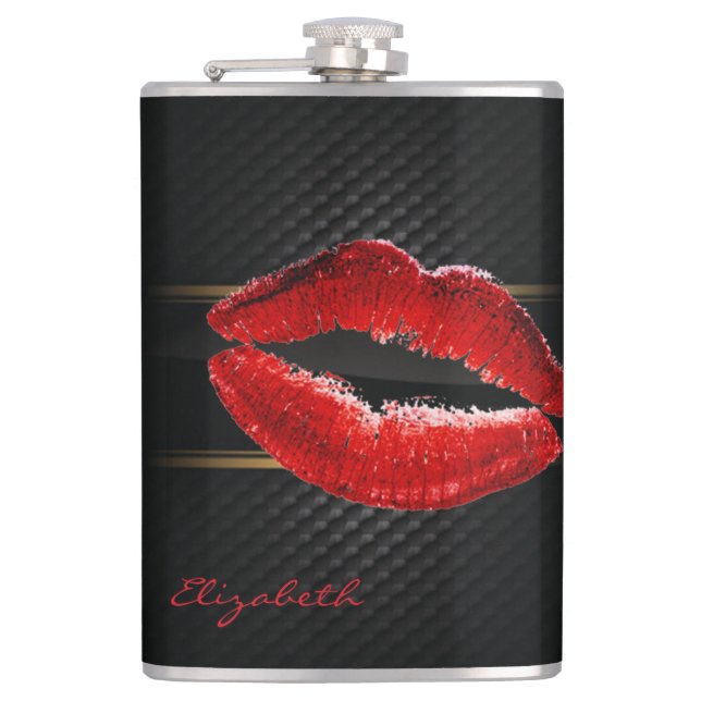 Modern Stylish Glitter Red Lips,Black-Personalised Hip Flask (Front)