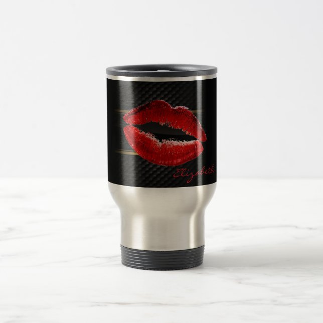 Modern Stylish Glitter Red Lips,Black-Personalised Travel Mug (Center)