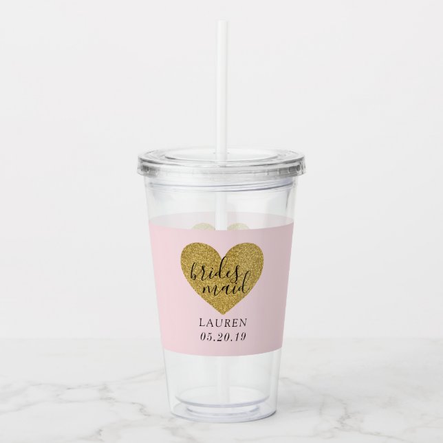 Modern Stylish Gold Heart Personalised Bridesmaid Acrylic Tumbler (Front)