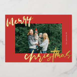 modern stylish gold & red photo merry christmas foil holiday card