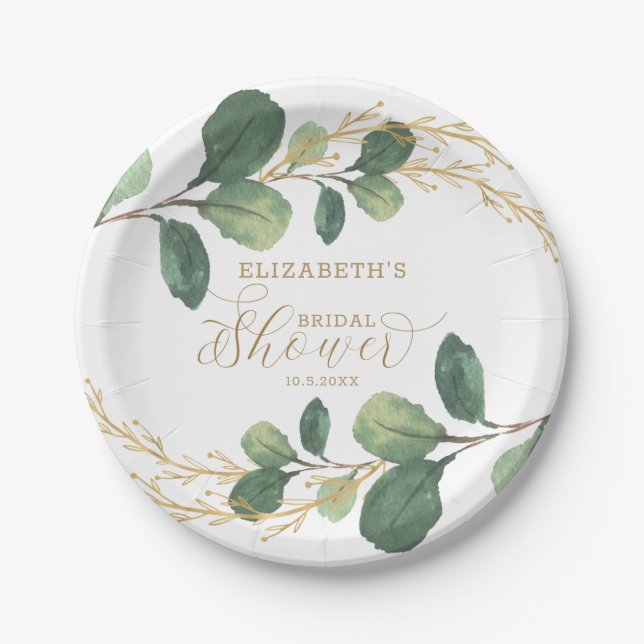 Modern + Stylish Green Gold Greenery Bridal Shower Paper Plate (Front)