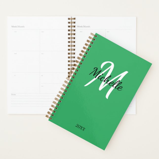 Modern Stylish Green Monogram Name + Initial Planner (Display)