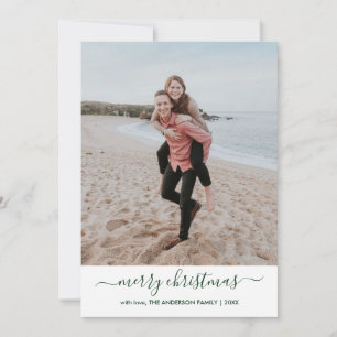 Modern Stylish Green Script Merry Christmas Photo Holiday Card