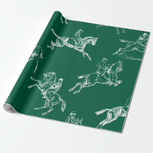 Modern Stylish Green White Horseback Riding Toile Wrapping Paper