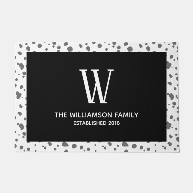 Modern Stylish Grey Dalmatian Spots & Family Name Doormat (Front)