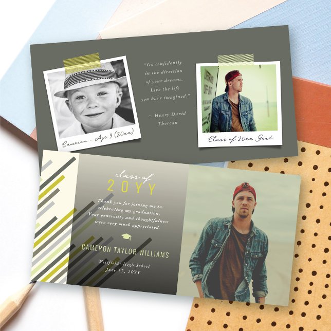 Modern Stylish Grey Green Stripes Photo Graduation Thank You Card (Modern Stylish Gray & Green Diagonal Stripes Photo, Double Sided Graduation Thank You Card @ Zazzle)