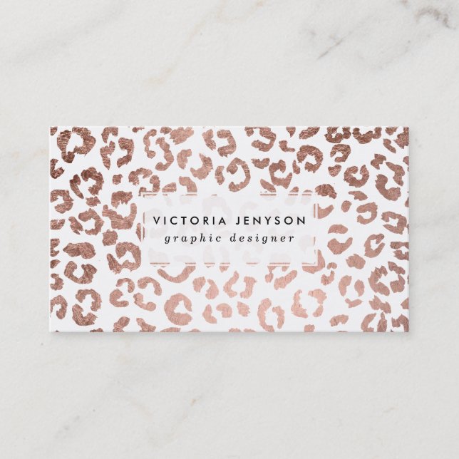 Modern stylish hand drawn rose gold leopard print business card (Front)