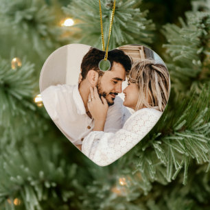 Modern Stylish Heart Shaped 2 Custom Couple Photo Ceramic Tree Decoration