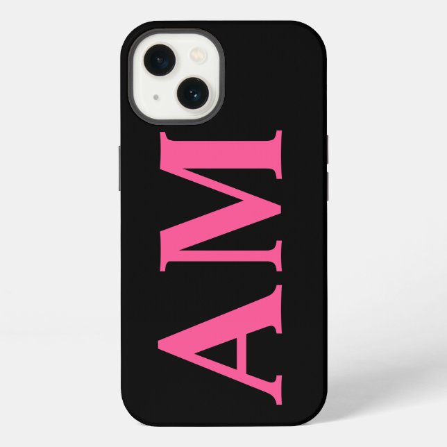 Modern Stylish Hot Pink Black Monogram Initials  iPhone Case (Back)