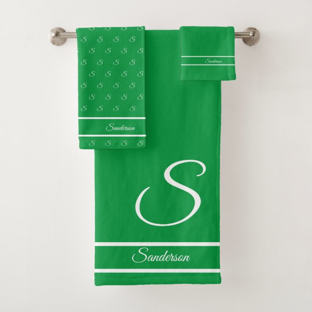  Modern Stylish Kelly Green and White Monogram Bath Towel Set (Insitu)