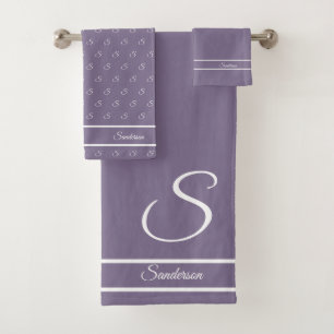 Modern Stylish Lavender Purple White Monogram Bath Towel Set