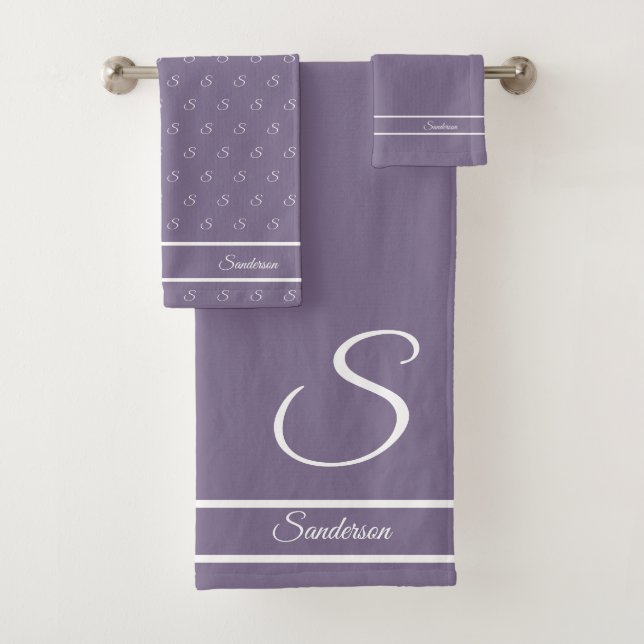  Modern Stylish Lavender Purple White Monogram Bath Towel Set (Insitu)