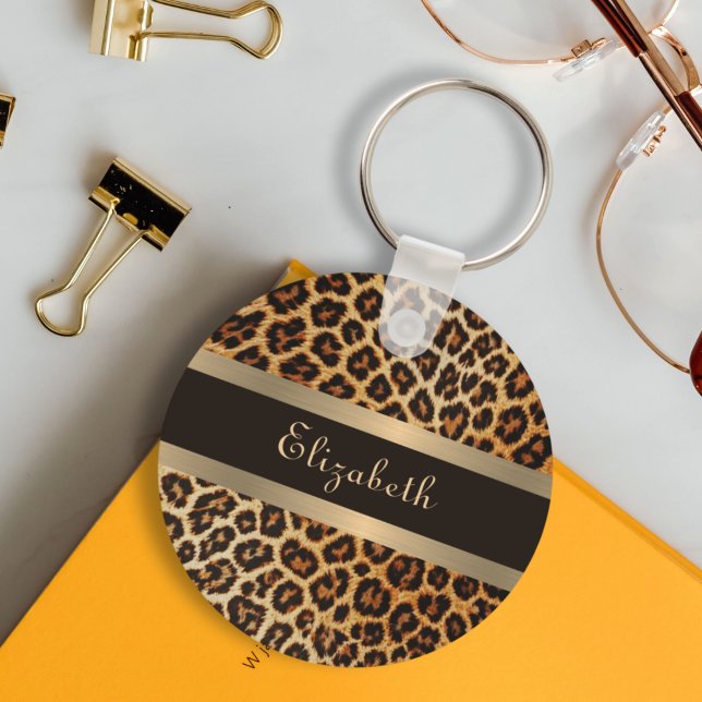 Modern Stylish Leopard Pattern Brown & Gold Stripe Key Ring (Creator Uploaded)