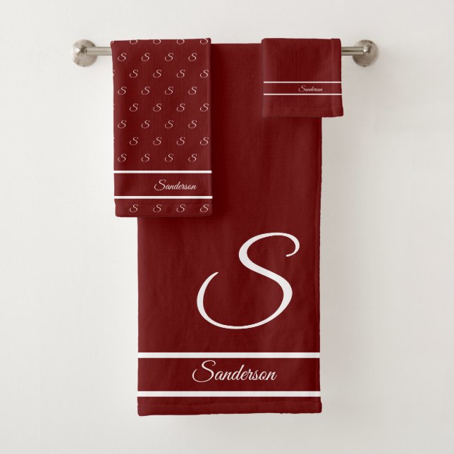  Modern Stylish Maroon Red n White Monogram Bath Towel Set (Insitu)