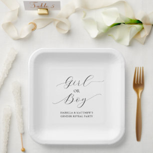 Modern Stylish Minimal Script Gender Reveal Party Paper Plate