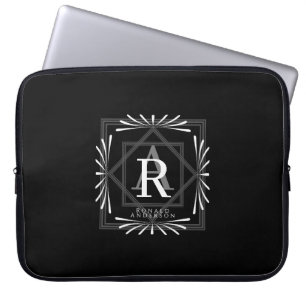 Modern Stylish Monogram Black Laptop Sleeve