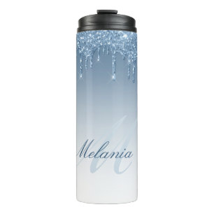 Modern stylish monogram blue glitter thermal tumbler