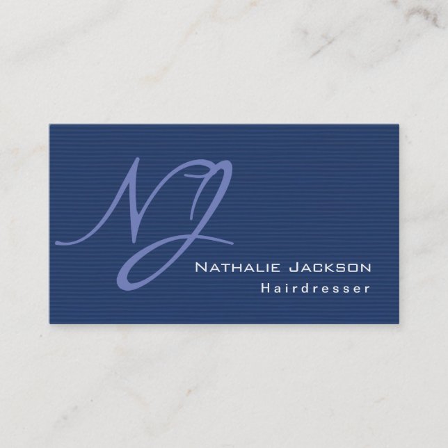 Modern Stylish Monogram Blue Texture Hairdresser Business Card (Front)