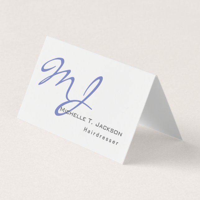 Modern Stylish Monogram Blue White Hairdresser Business Card (Front)