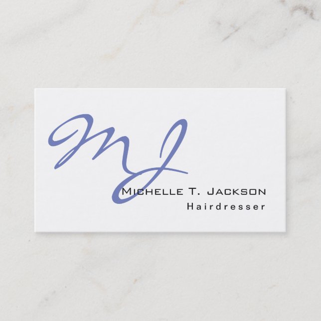 Modern Stylish Monogram Blue White Hairdresser Business Card (Front)