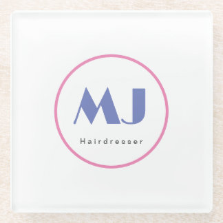 Modern Stylish Monogram Blue White Hairdresser Glass Coaster