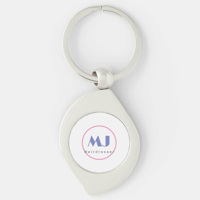 Modern Stylish Monogram Blue White Hairdresser Key Ring (Front)